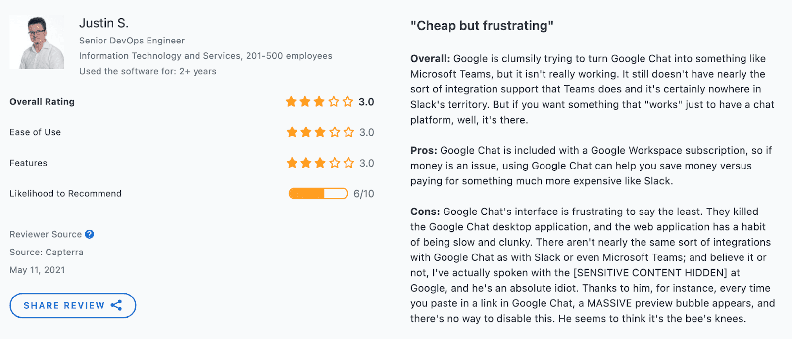 A review of Google Chat from Capterra&nbsp;
