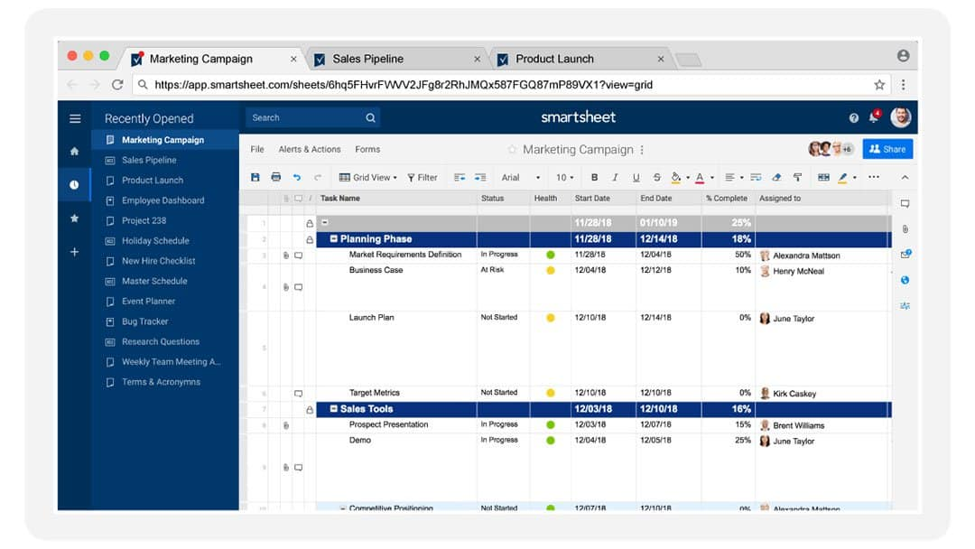 Smartsheet grid view for marketing project plans