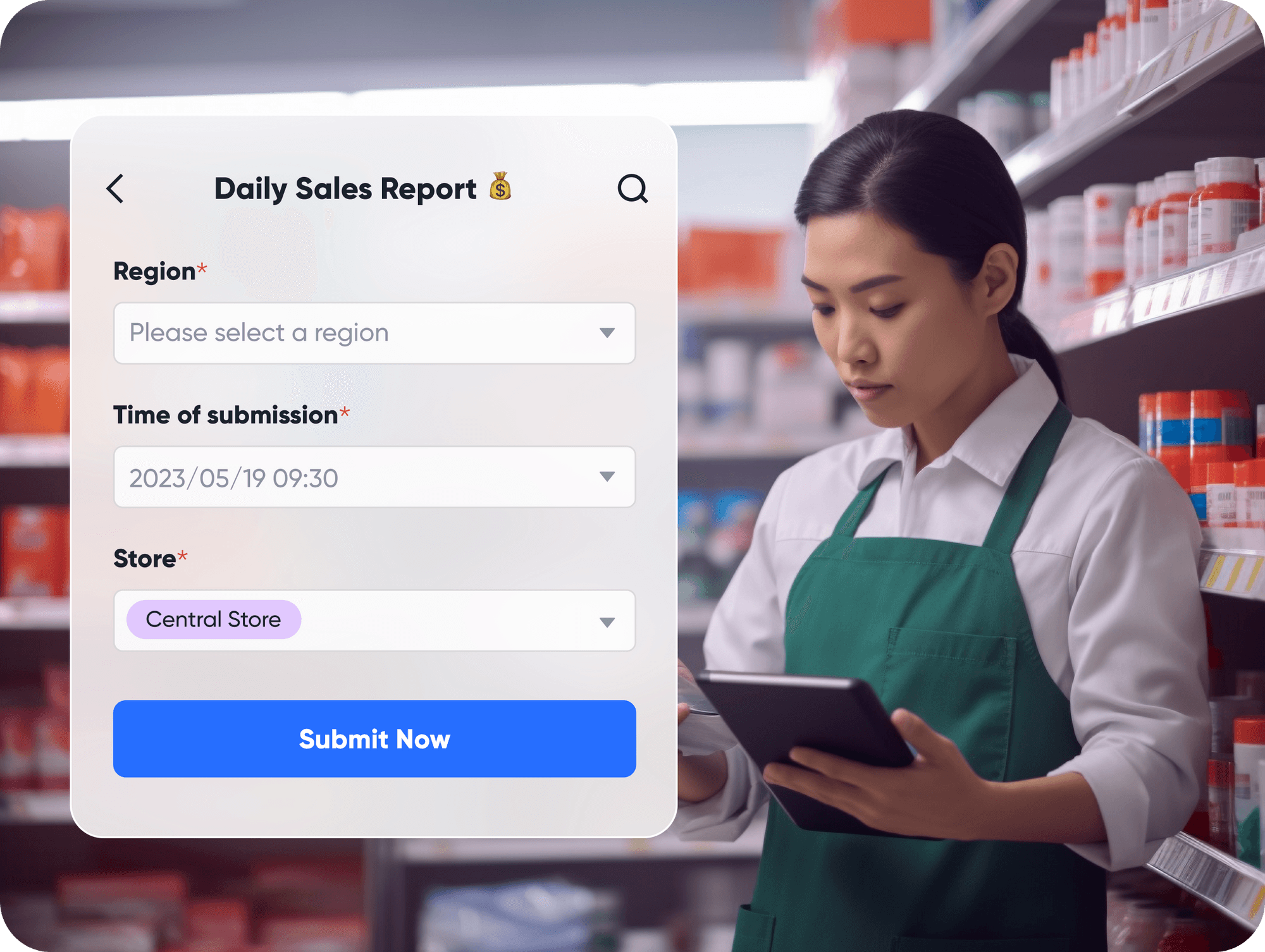 Restaurant workers typing in daily revenue numbers on her tablet at the end of the day for the management team to calculate restaurant gross profit margin 