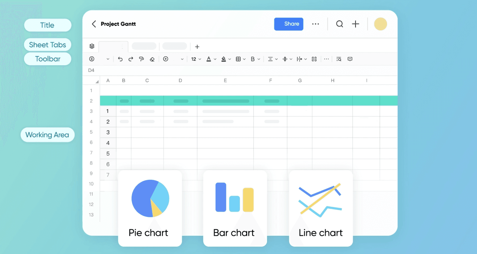 The different sections of a spreadsheet in Lark Sheets&nbsp;
