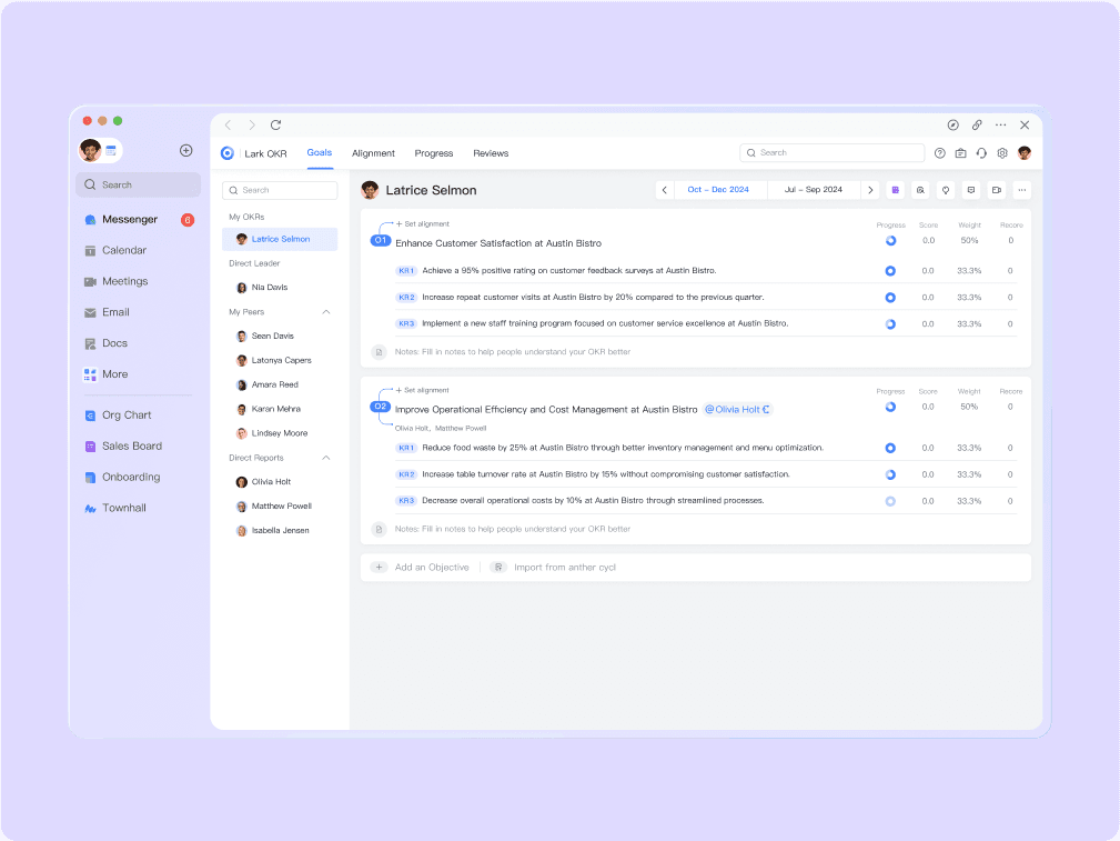 Example goals outlined in Lark OKR