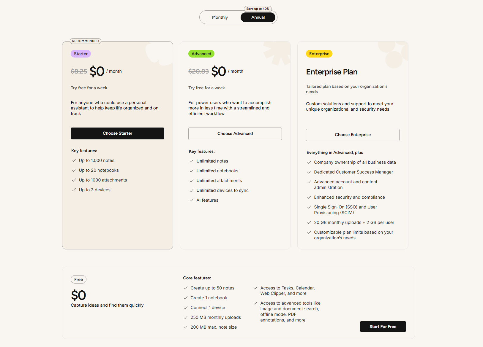 Evernote paid pricing plans