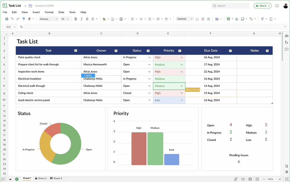 The interface of Zoho’s spreadsheet app showing a task list