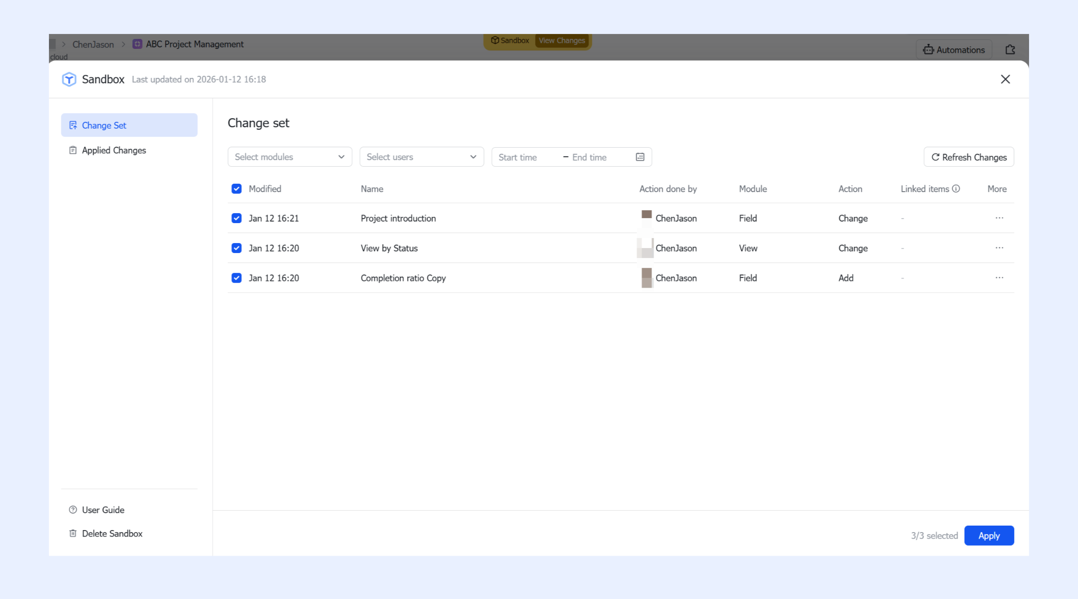 Lark Base sandbox environment for simulating a schedule