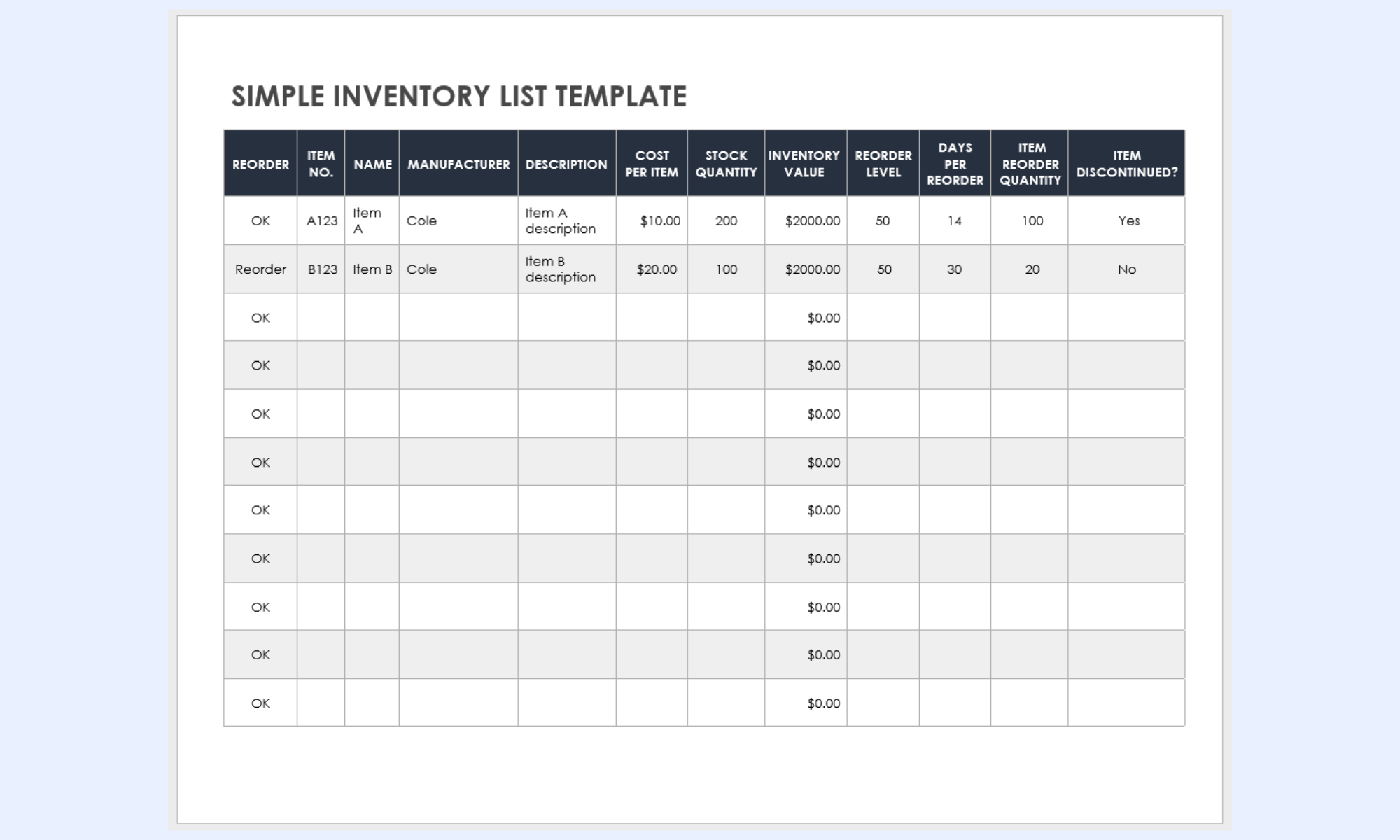 Use the template for daily stock verification