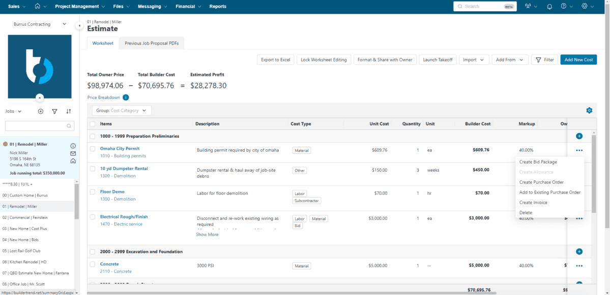 Buildertrend's interface for project planning
