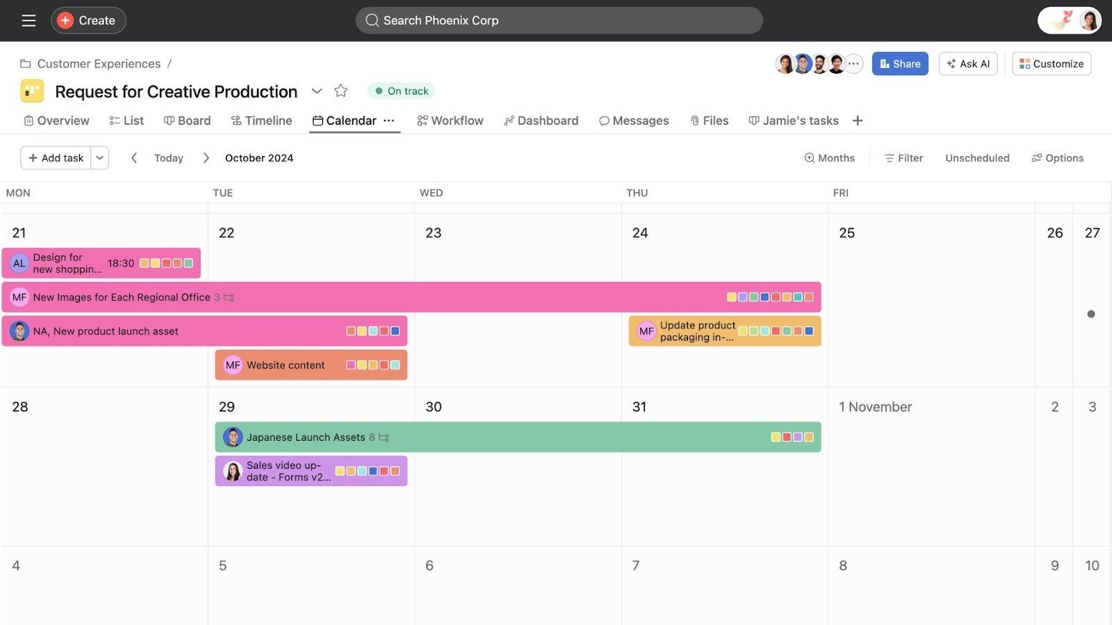 Asana's project calendar for team collaboration