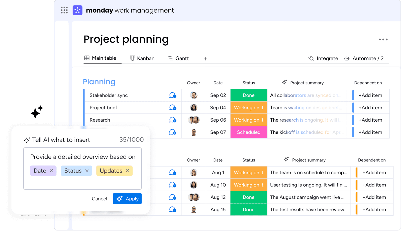 Monday.com's flexible project planning and automations