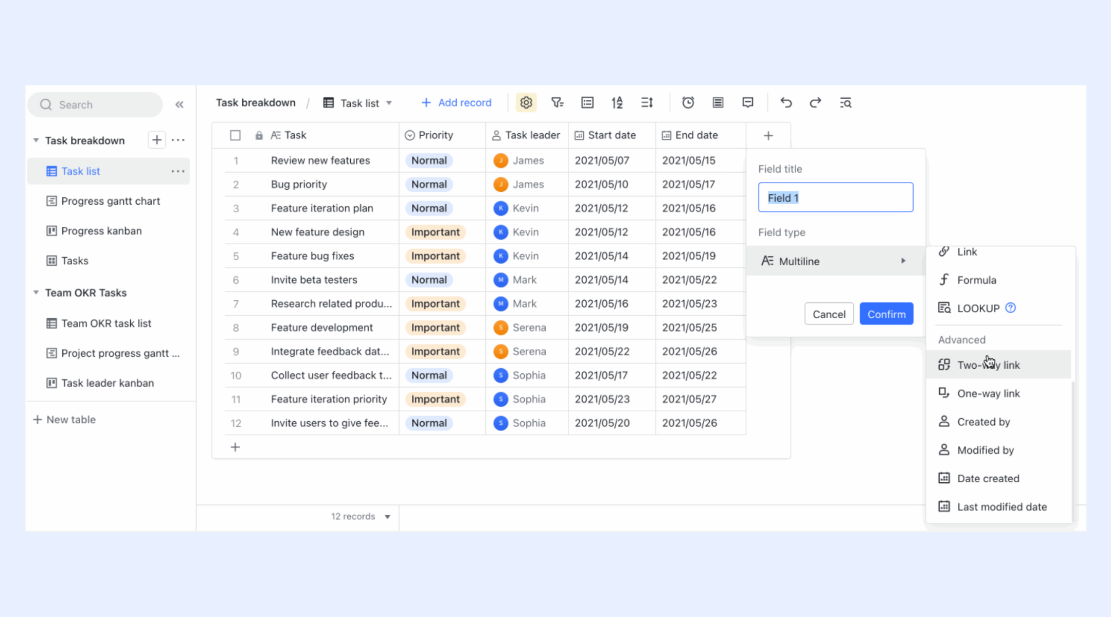 Two-way links in Lark Base to synchronize project data across multiple tables