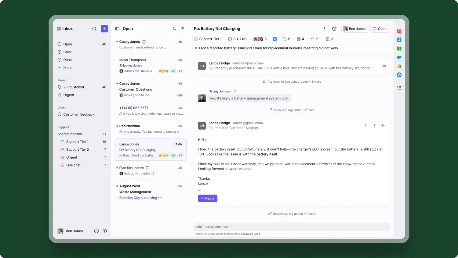 Interface of Front, showing relevant information from an email support ticket