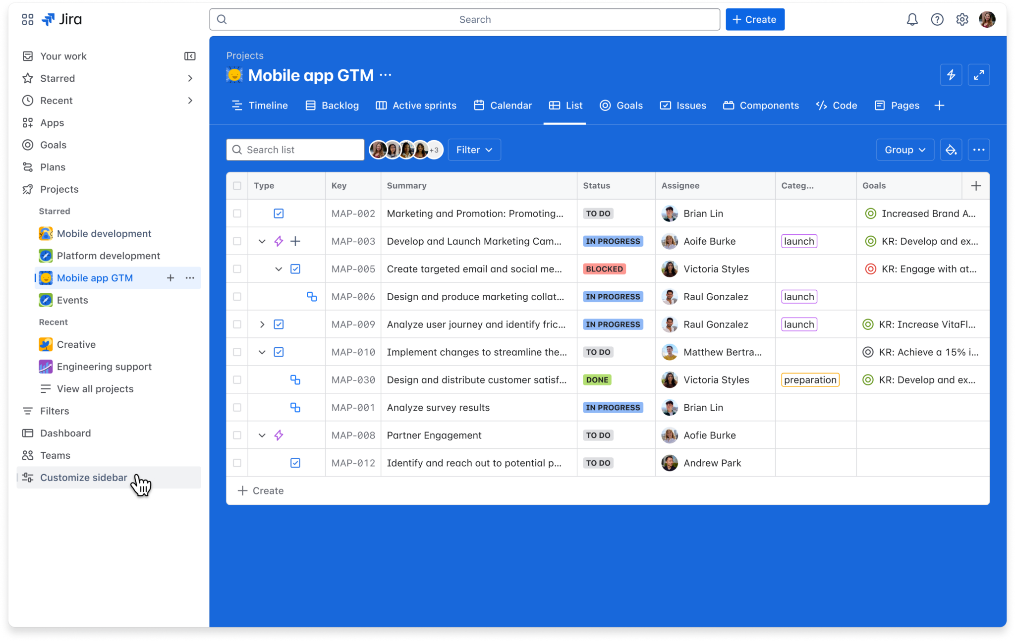 Interface of requirements management software Jira