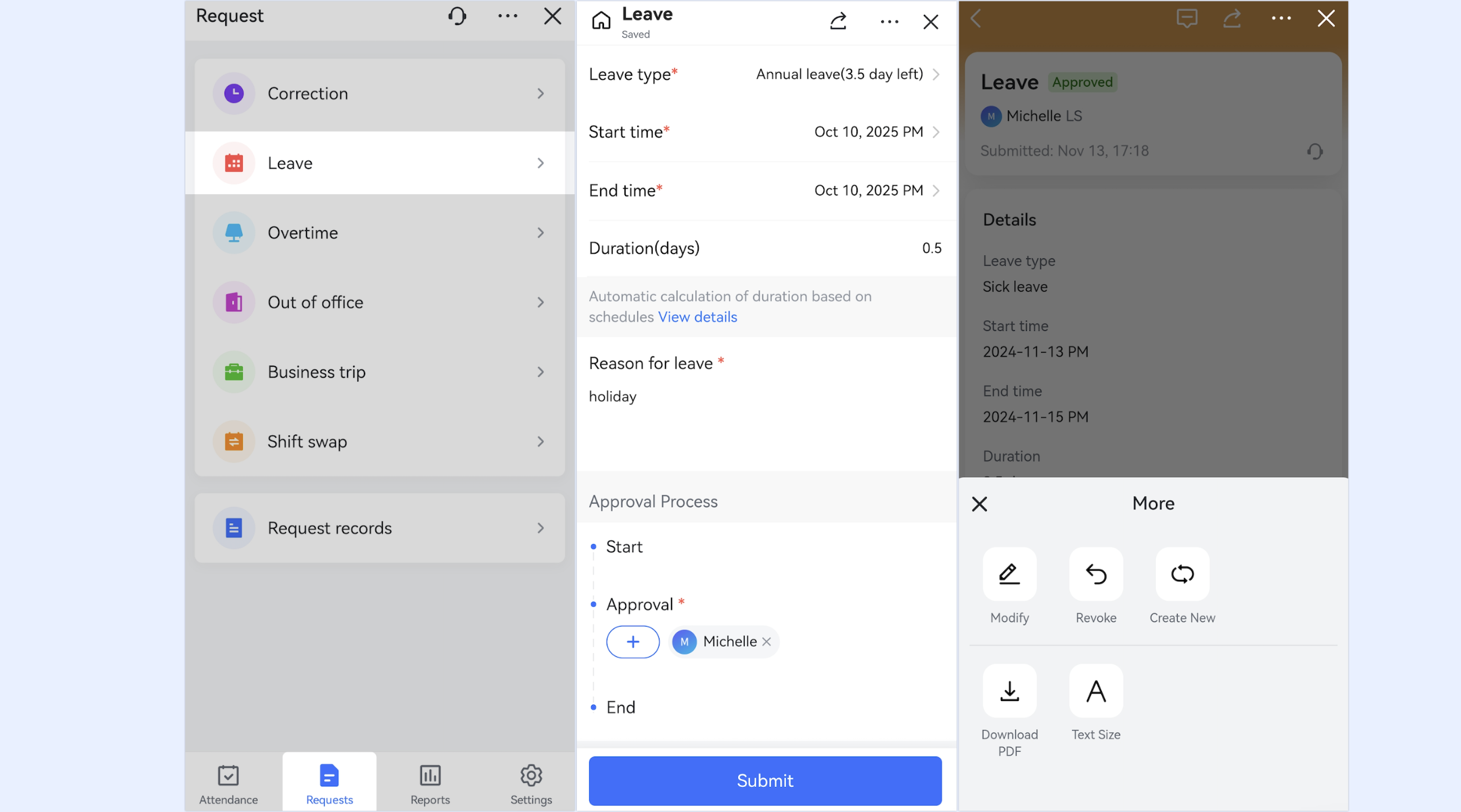 Lark leave request dashboard in app