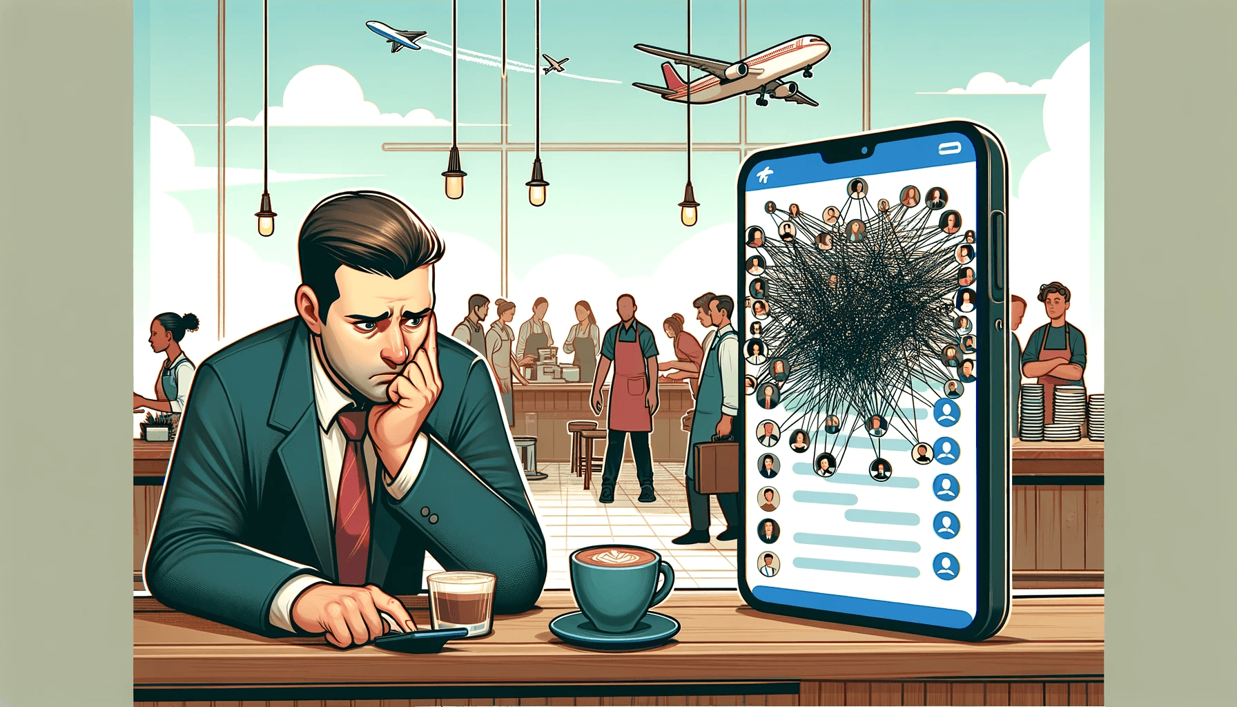 A café manager at the counter, visibly stressed while managing a group chat on a smartphone. The phone screen shows a disorganized group chat filled with many unknown contacts, representing the challenges of employee communication in a rapidly expanding business. 