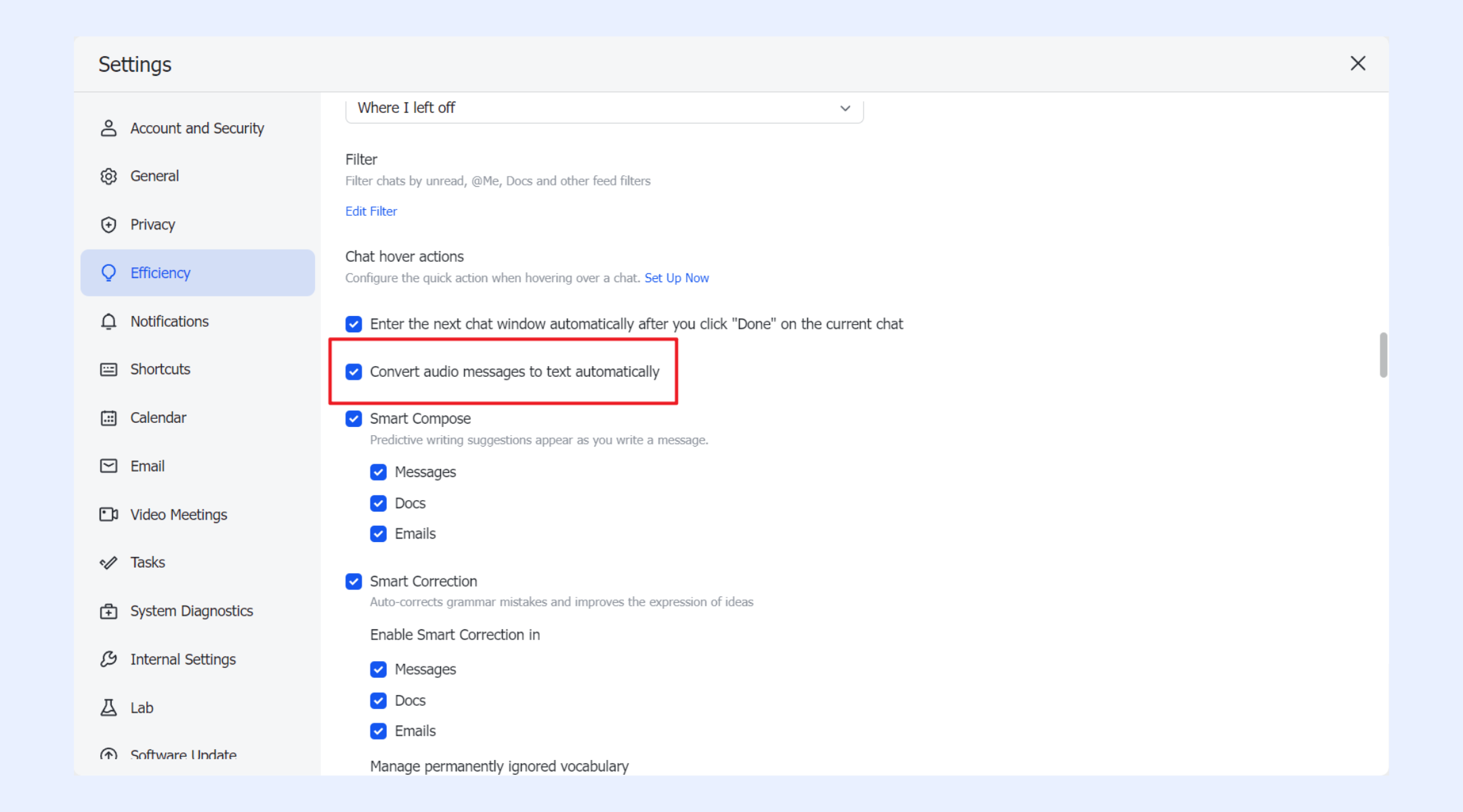 Lark allows converting voice messages to texts