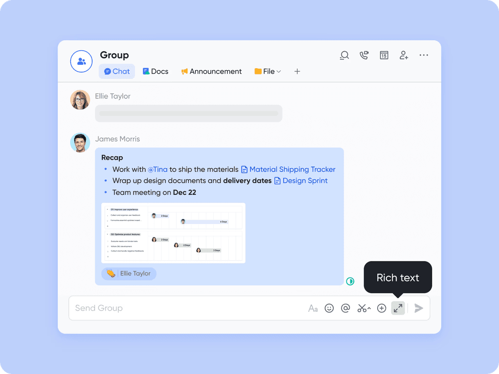 Real-time material shipping tracking in Lark Messenger