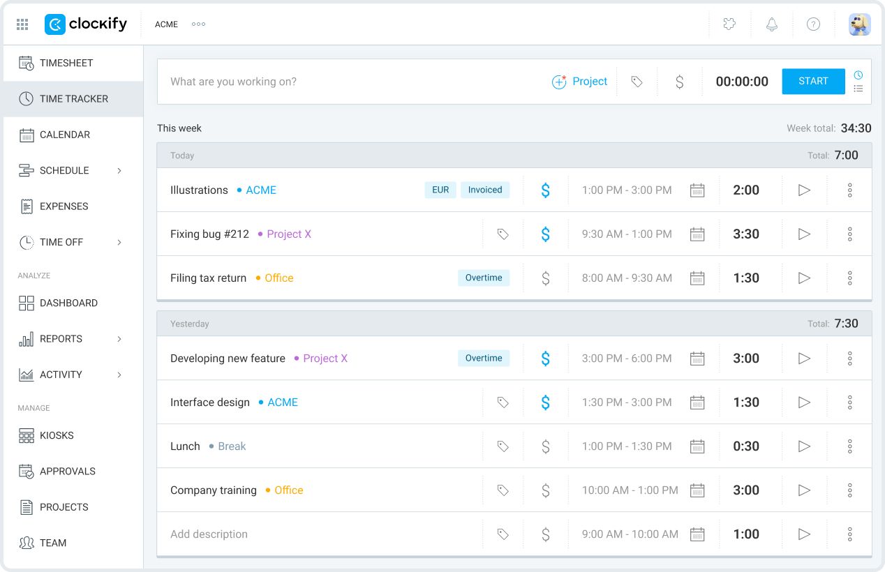 Simple time tracking in Clockify