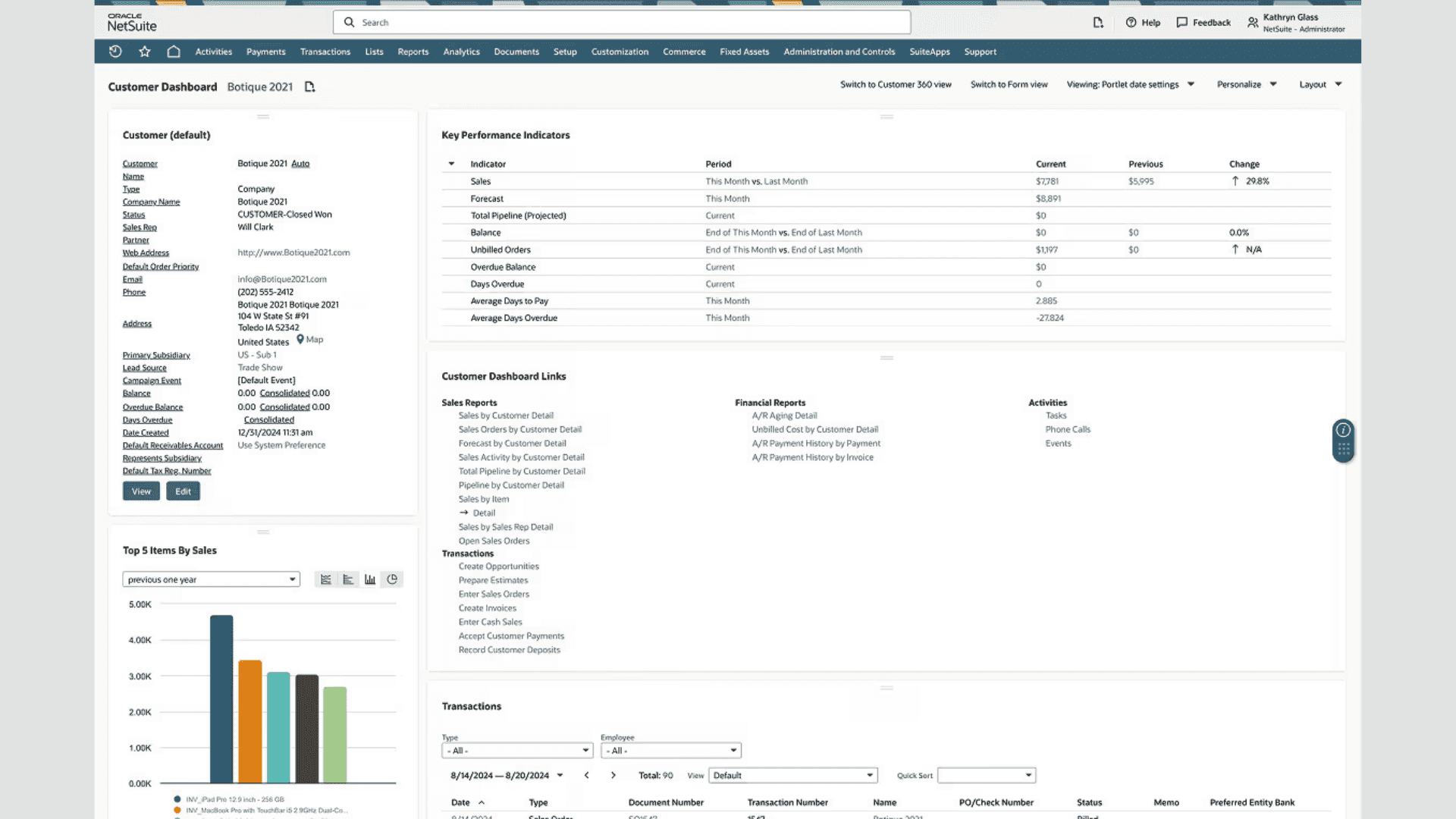 Netsuite CRM’s homepage showing KPIs and important customer info