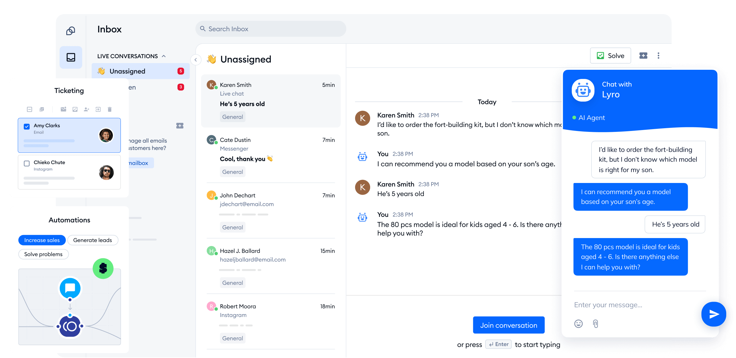 Tidio: AI-powered assistant managing multi-channel ticket flows
