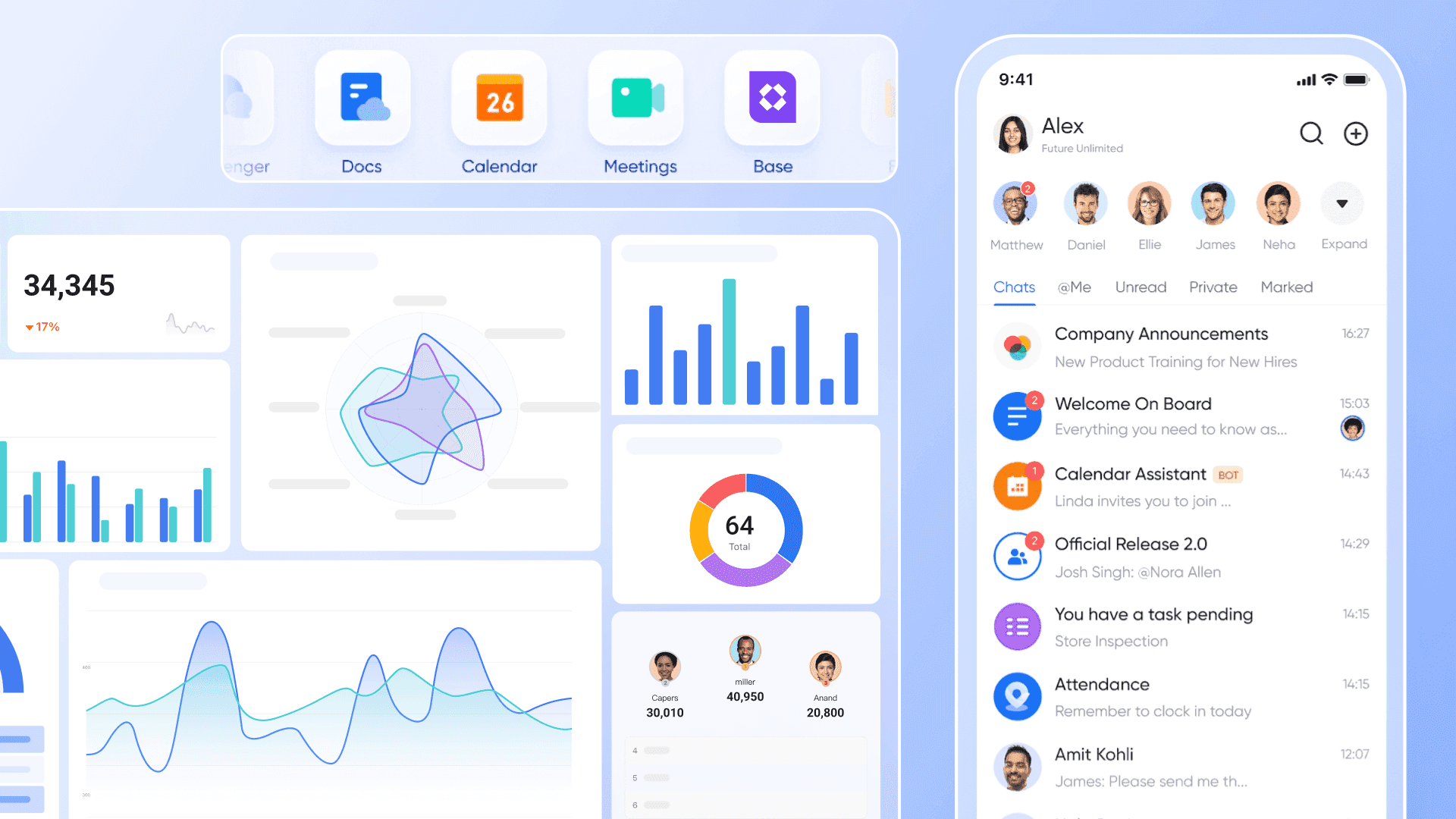 The interface of one of the top Slack alternatives, Lark, showing a user-friendly chat tool, dashboard, and more