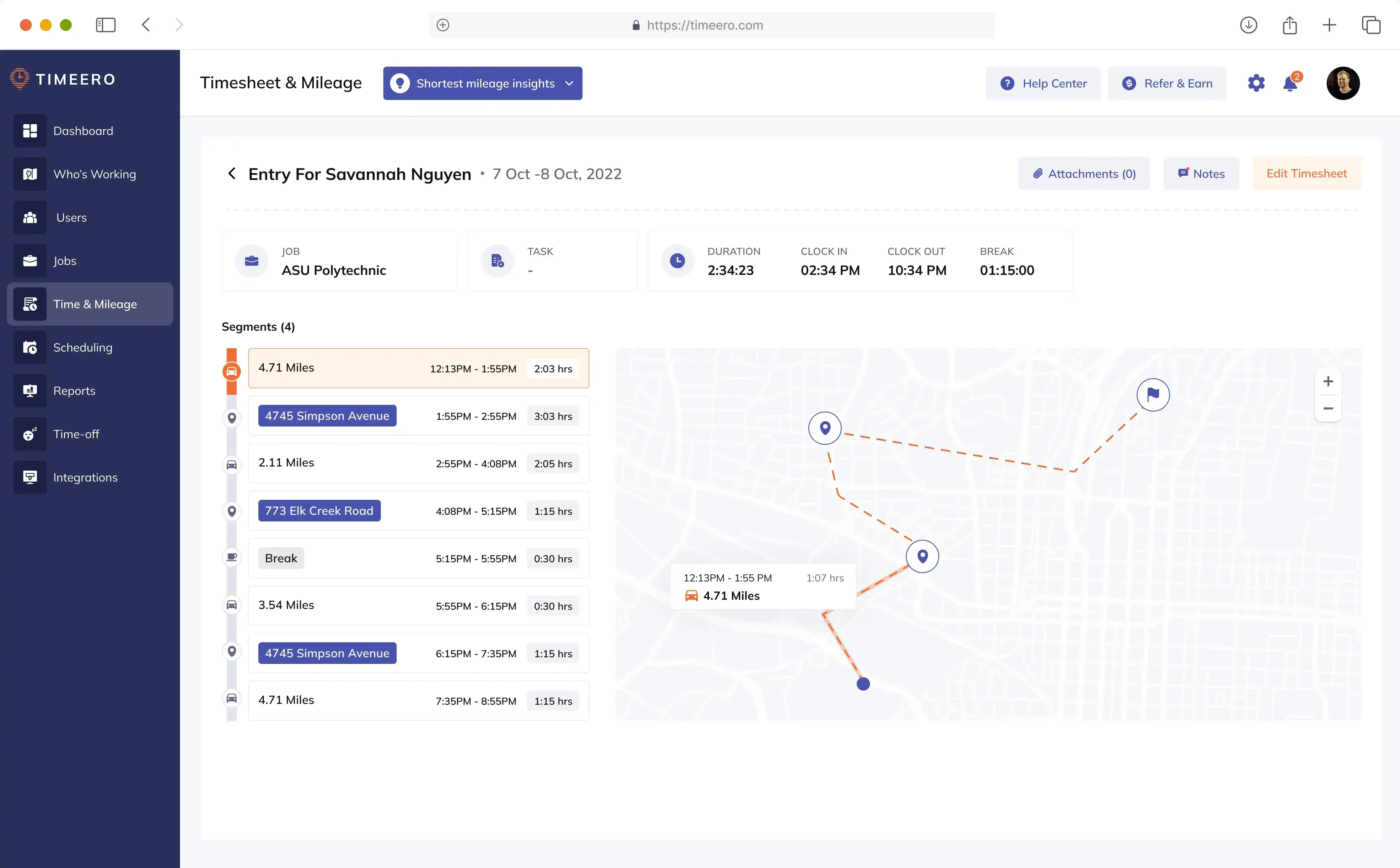 Timeero construction time tracking app with GPS route replay