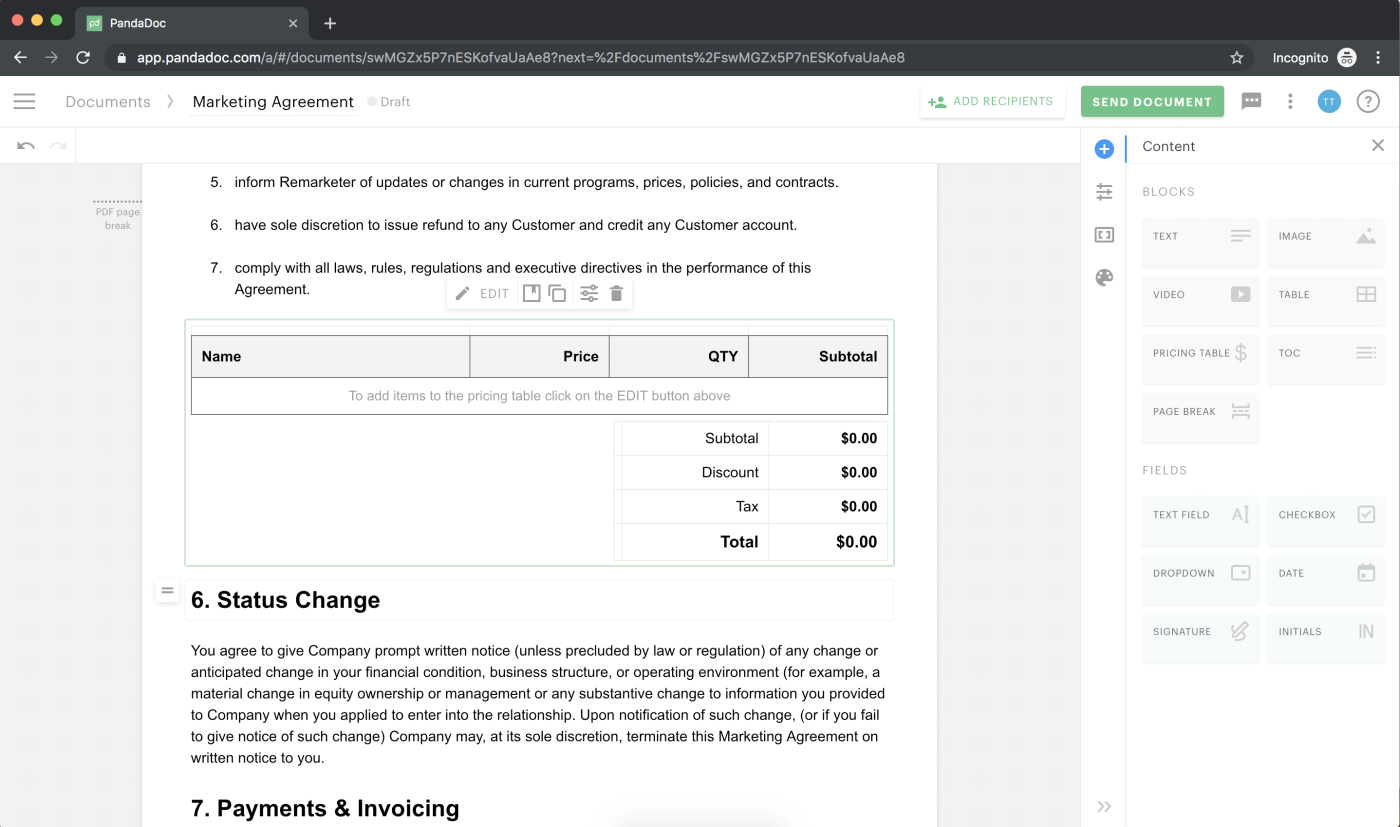 PandaDoc contract management platform interface