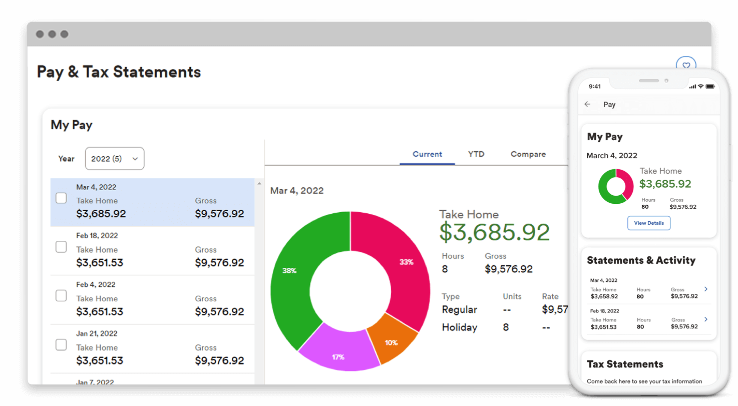 ADP dashboard showing payroll processing, employee management, and compliance tools