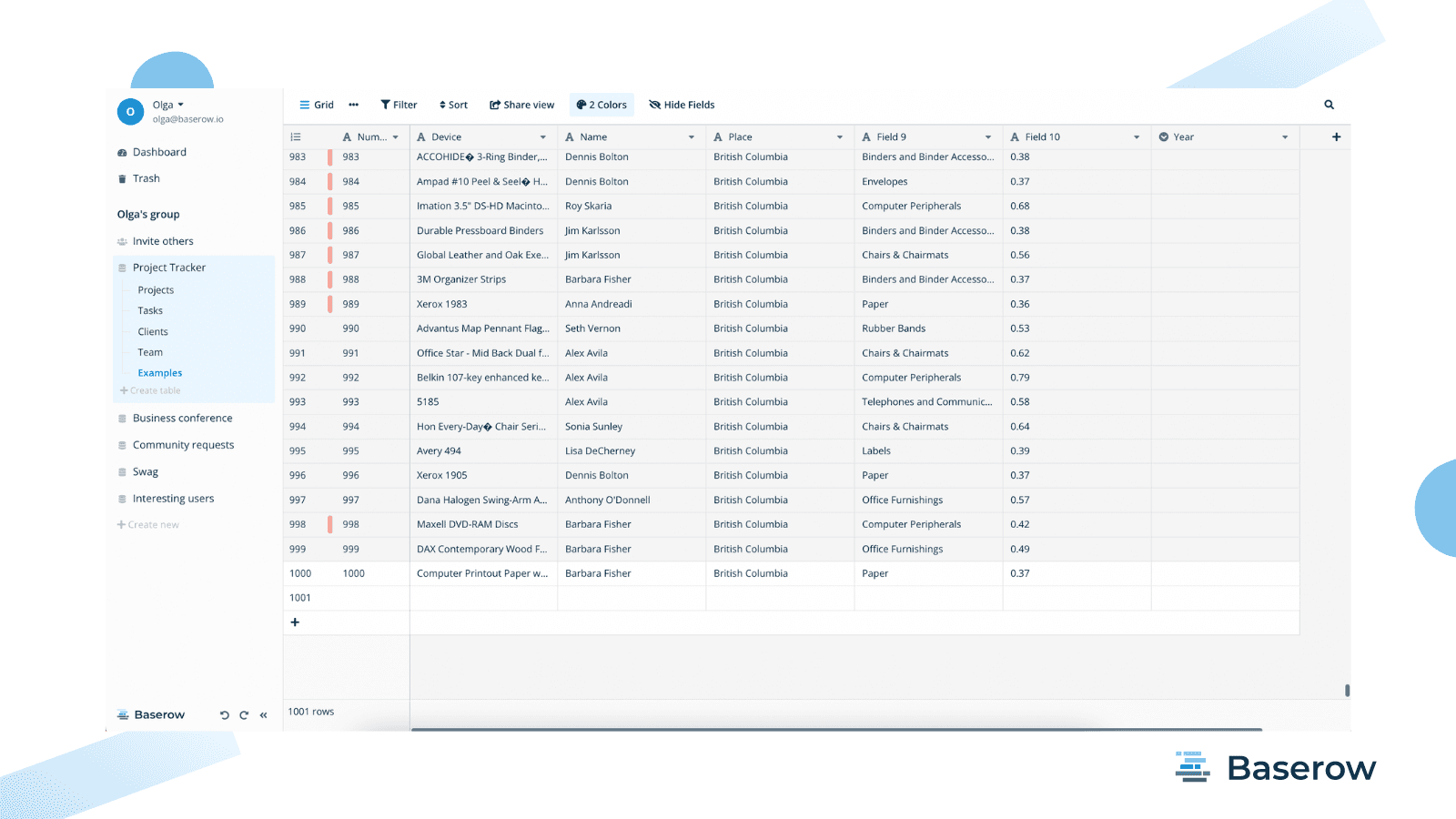 An image that displays Baserow, the Airtable alternative.