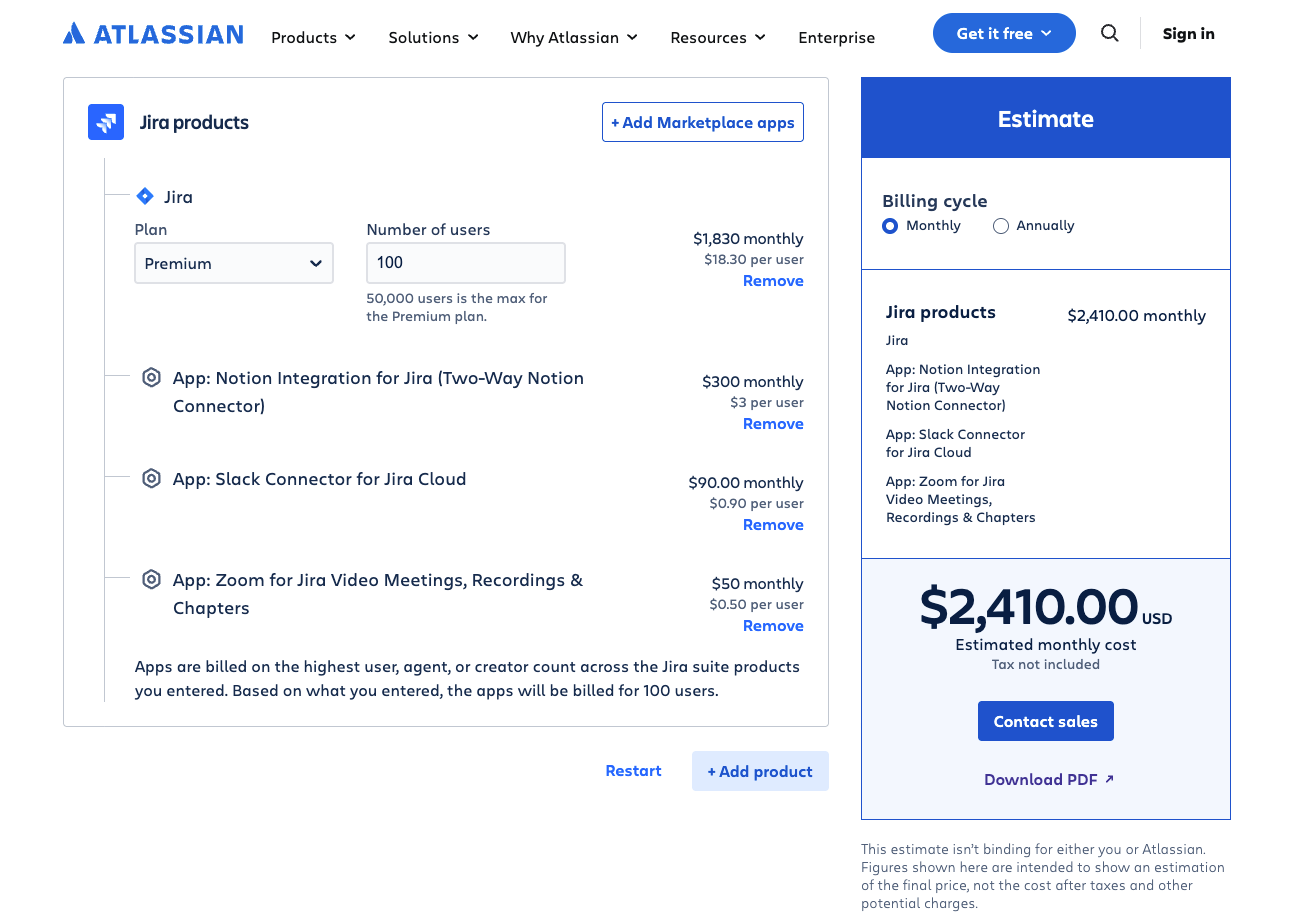 An image of Jira pricing using the Atlassian tool cost calculator