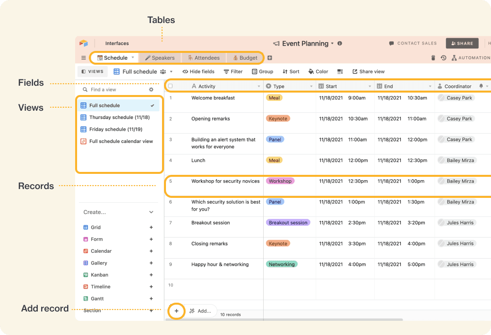 An image showcasing parts of Airtable's interface