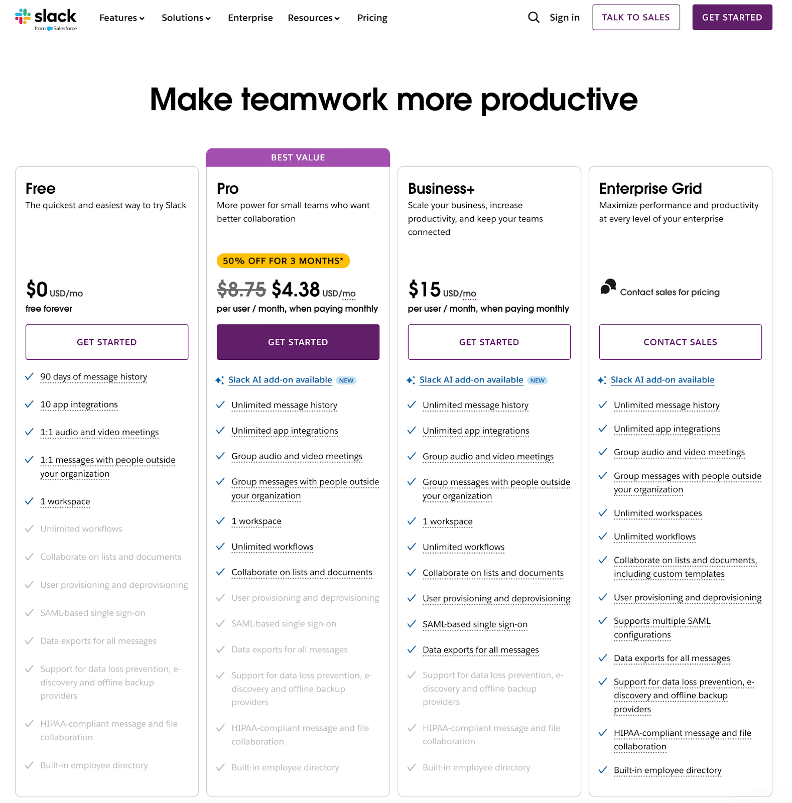 Slack’s 2025 pricing plans comparison and features table.