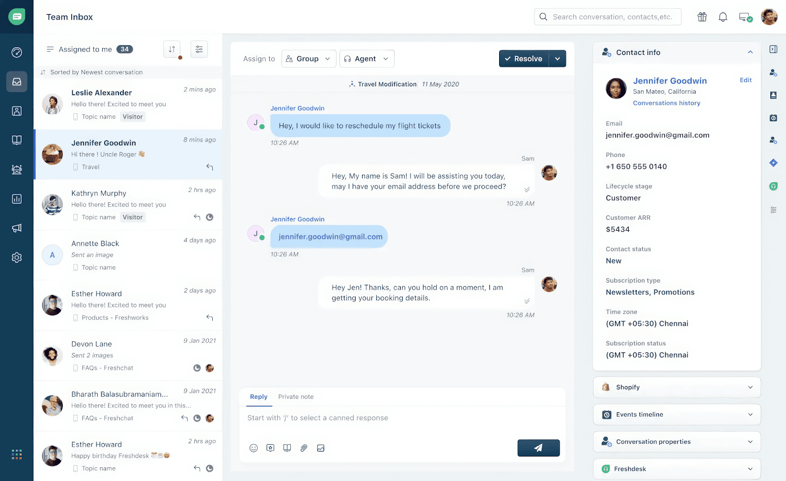 Freshworks CRM's team inbox and multi-channel contact details