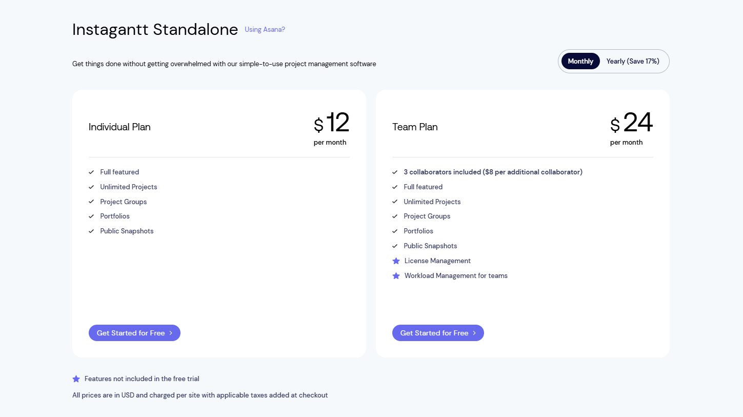 Instagantt pricing plans