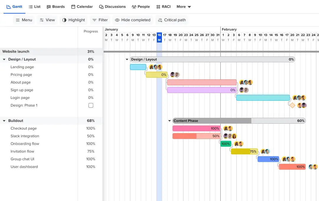 TeamGantt project timeline with color-coded tasks
