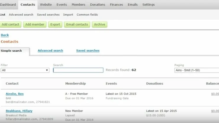 WildApricot dashboard for member management