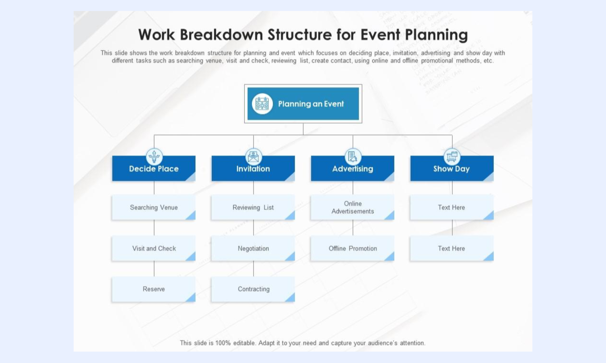 Event planning WBS breaks entire event into clear, manageable tasks