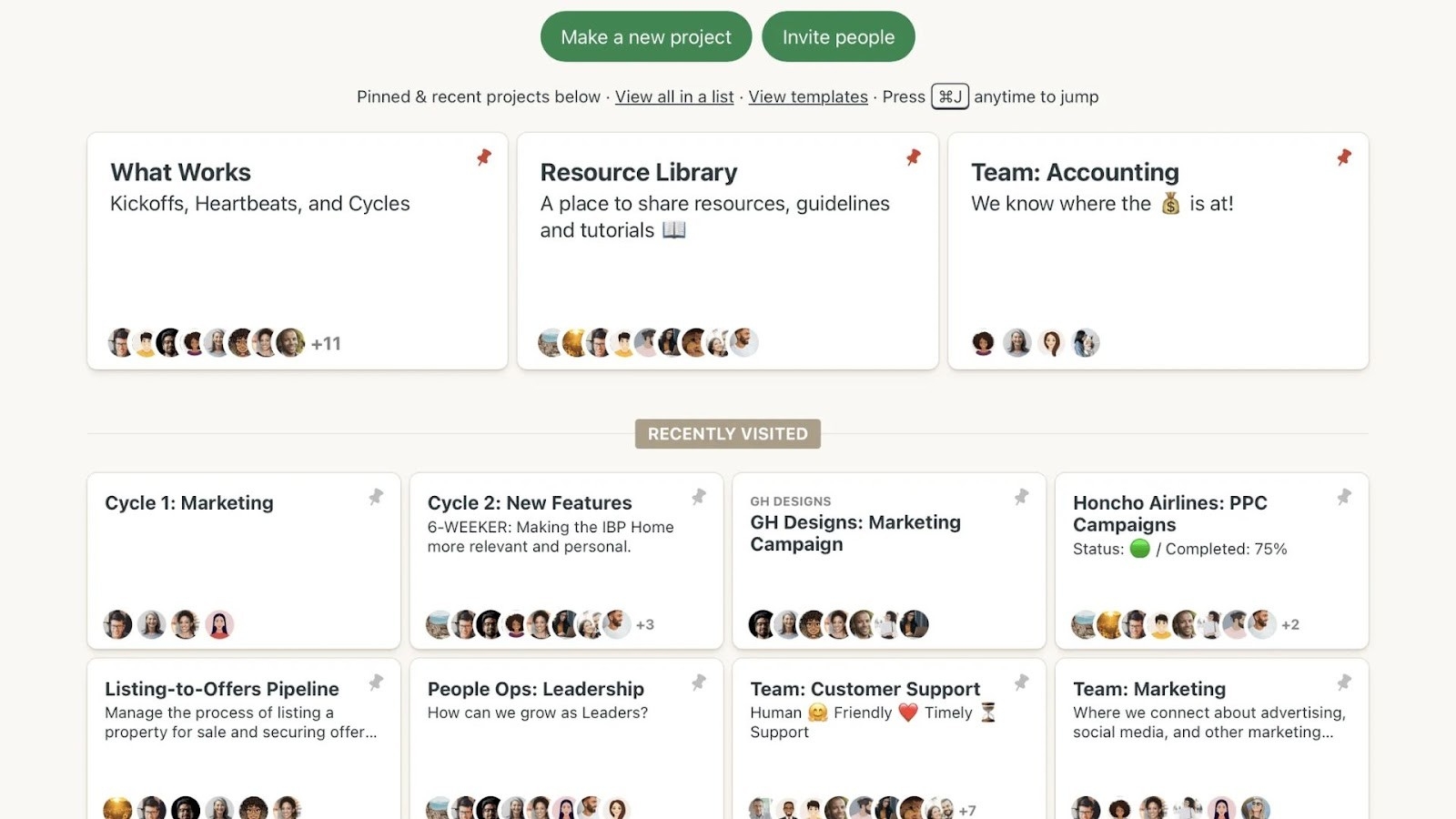 Basecamp's central hub for all team projects
