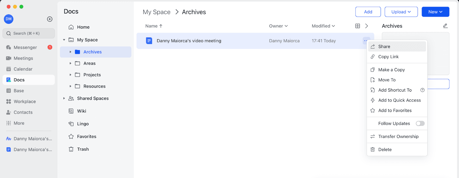 Tap the three-dot icon to share your Lark documents with others