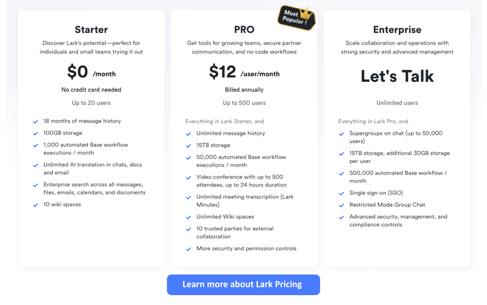 Lark's pricing plans