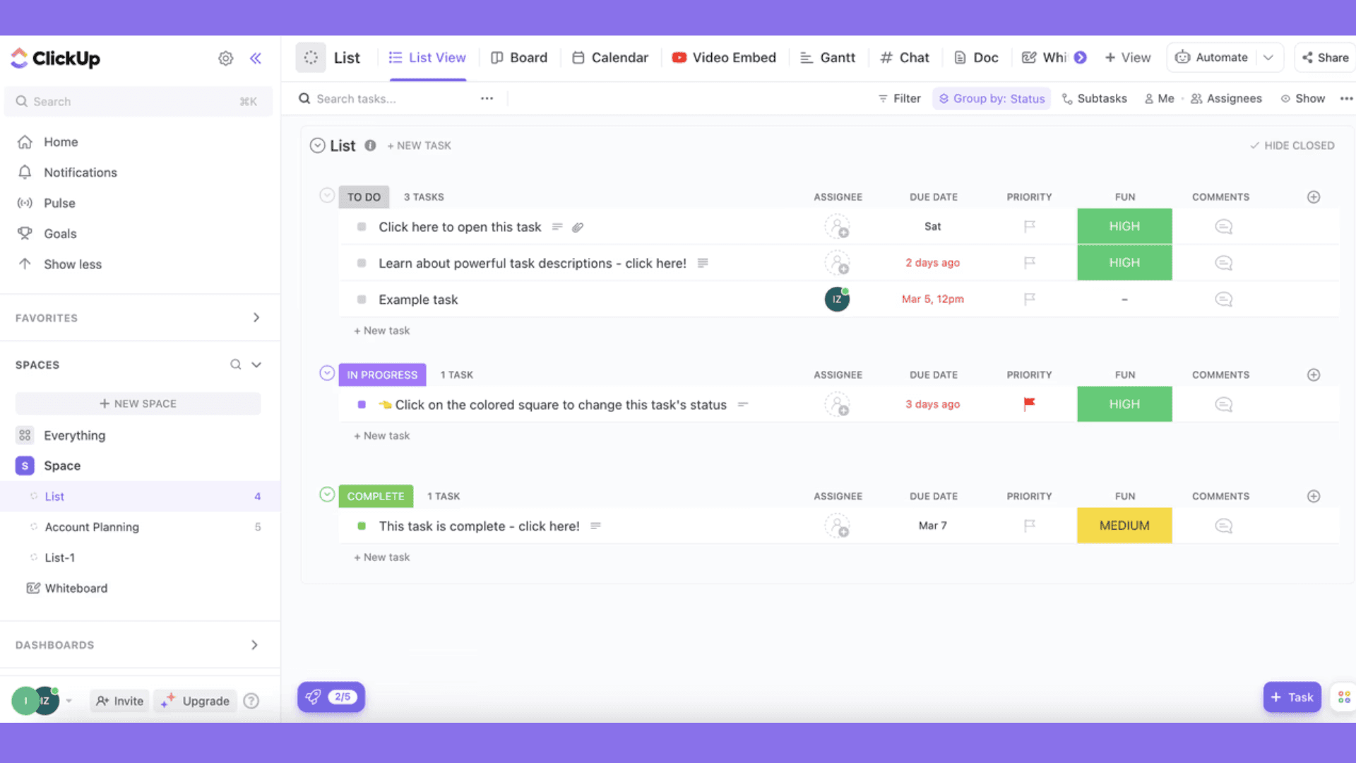 Clickup’s interface in list view for organizing tasks