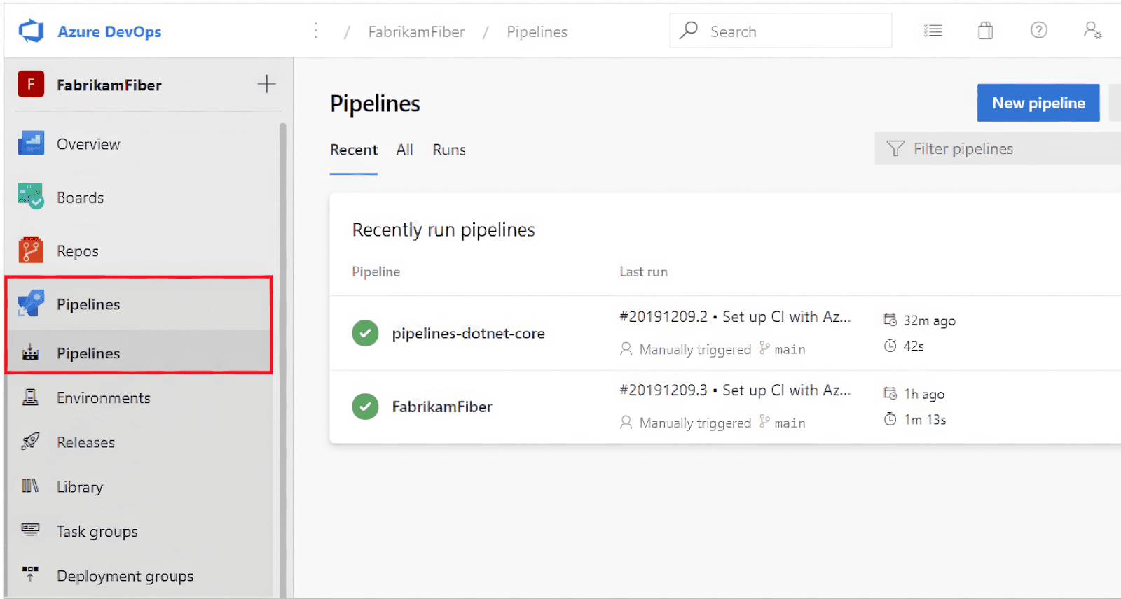 Azure DevOps's CI/CD pipelines management dashboard