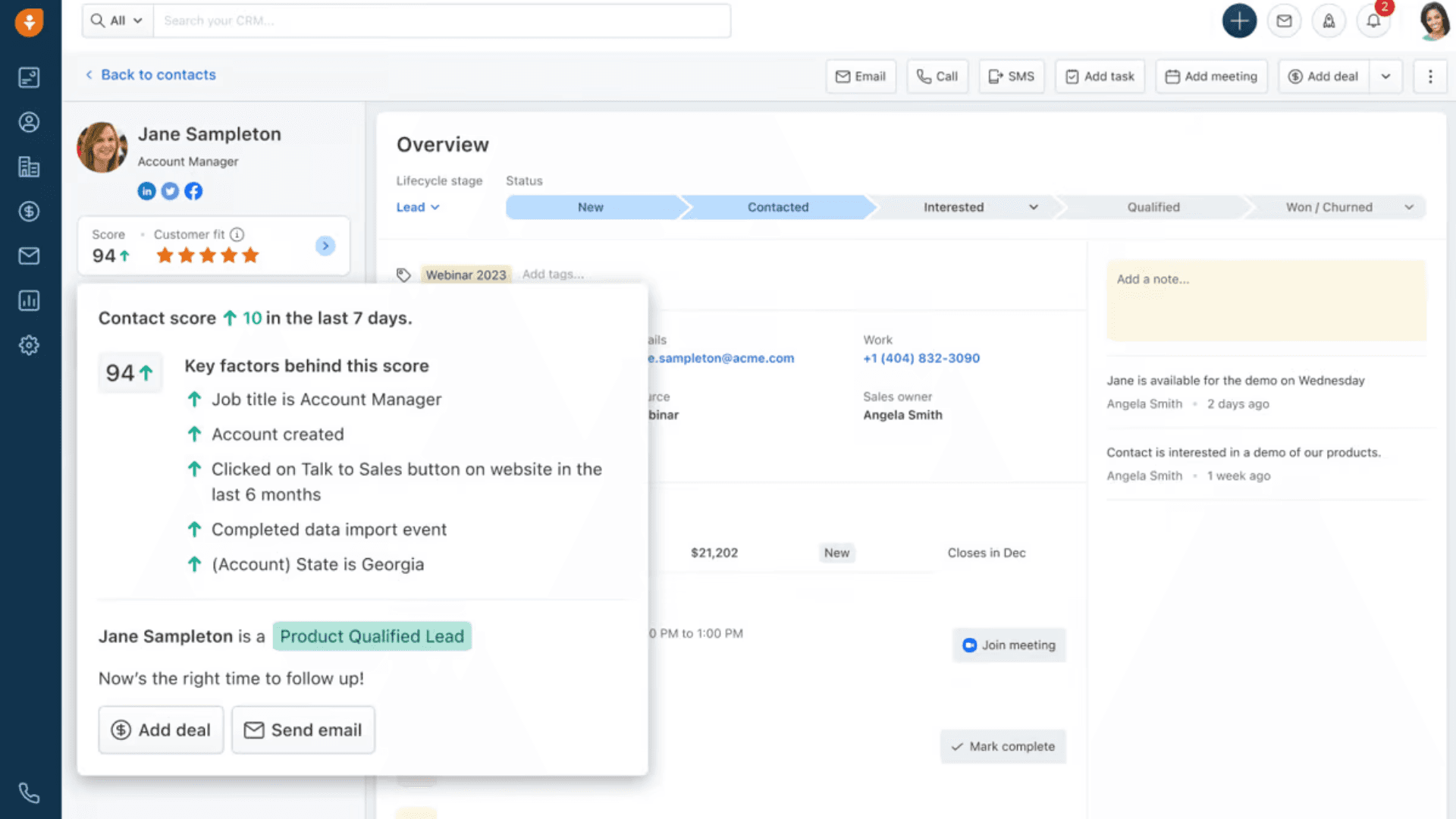 Freshsale’s interface for contact management, with the contact score card opened