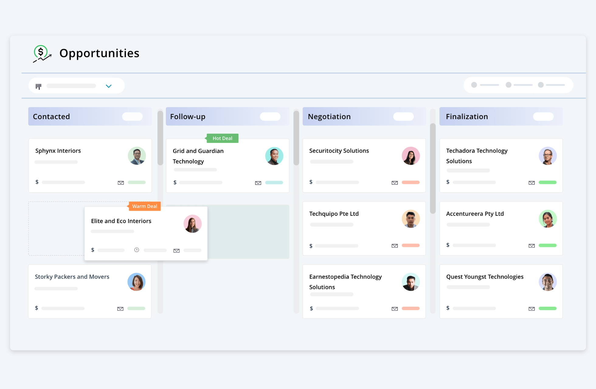 Pepper Cloud CRM showing opportunity management, with deals tracked across the sales cycle by sales and marketing teams