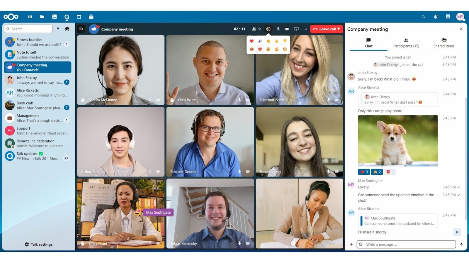 Nextcloud Talk’s company meeting with chat and collaboration features