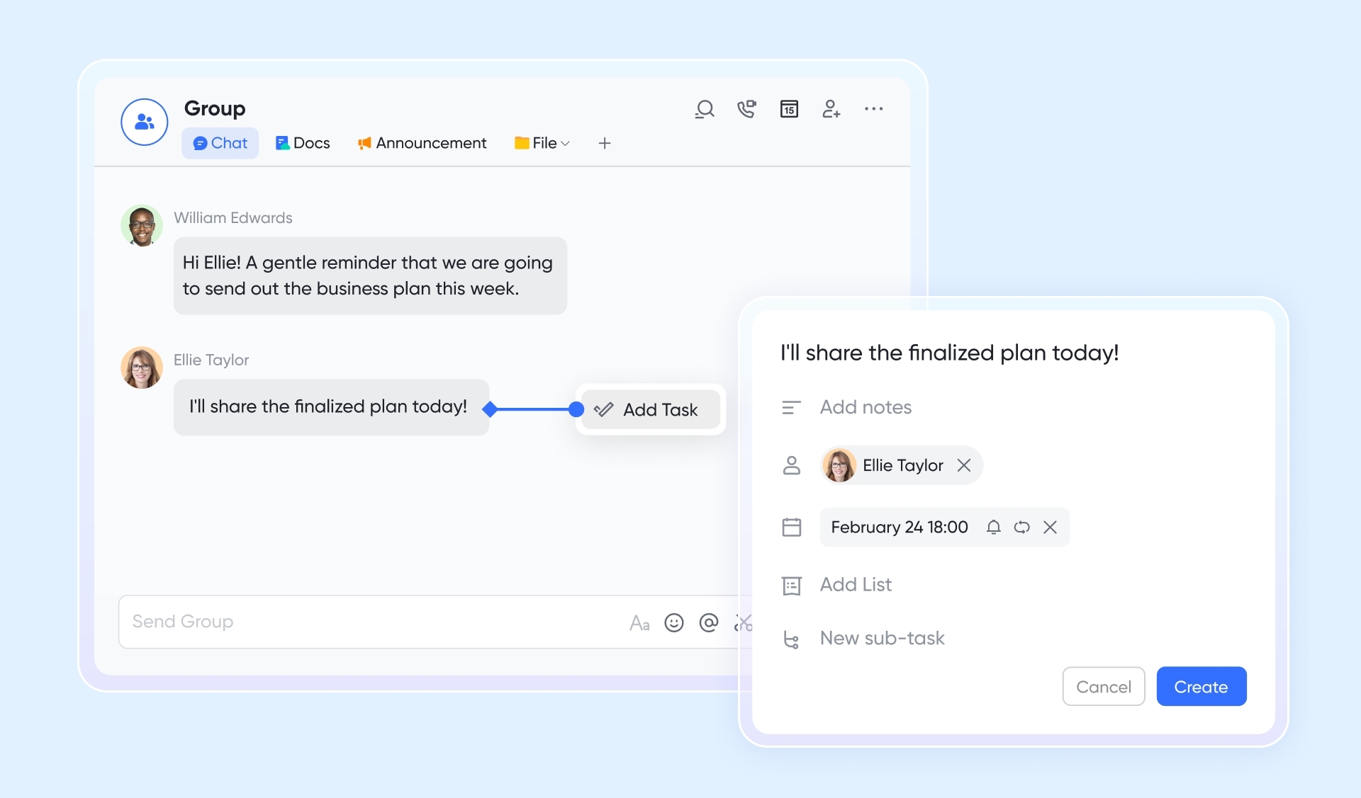 You can turn fragmented discussions in Lark Messenger into Lark Tasks