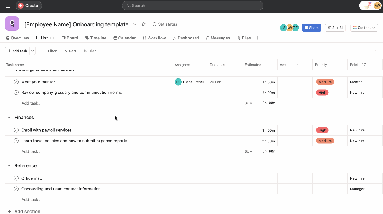 Asana for task and timeline tracking for onboarding projects