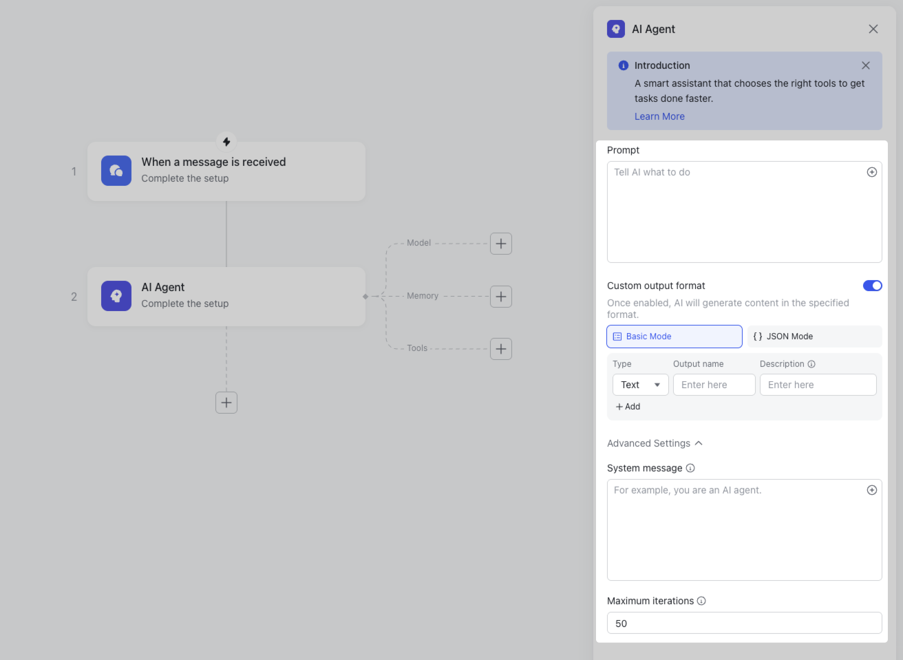 Use the AI Agent node in Workflow
