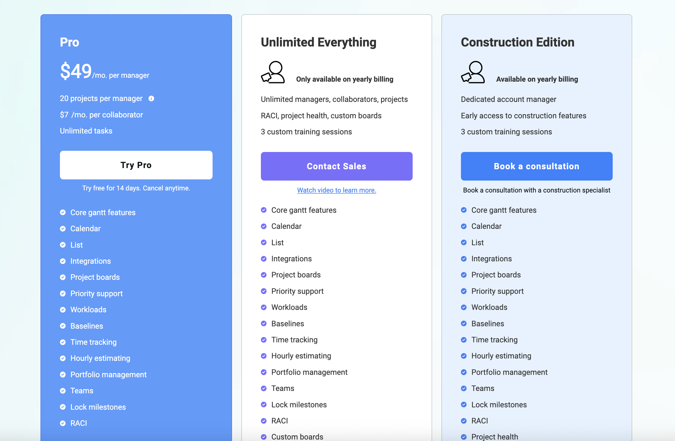 TeamGantt pricing plans