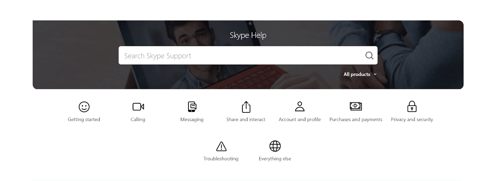 Screenshot of Skype Support page