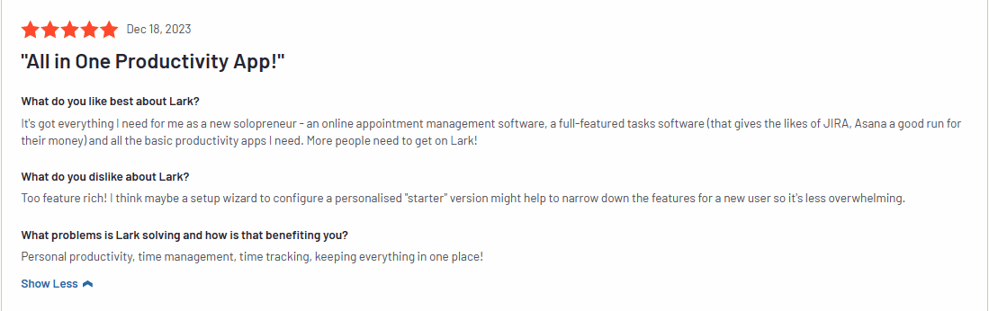 Screenshot of a user review on G2