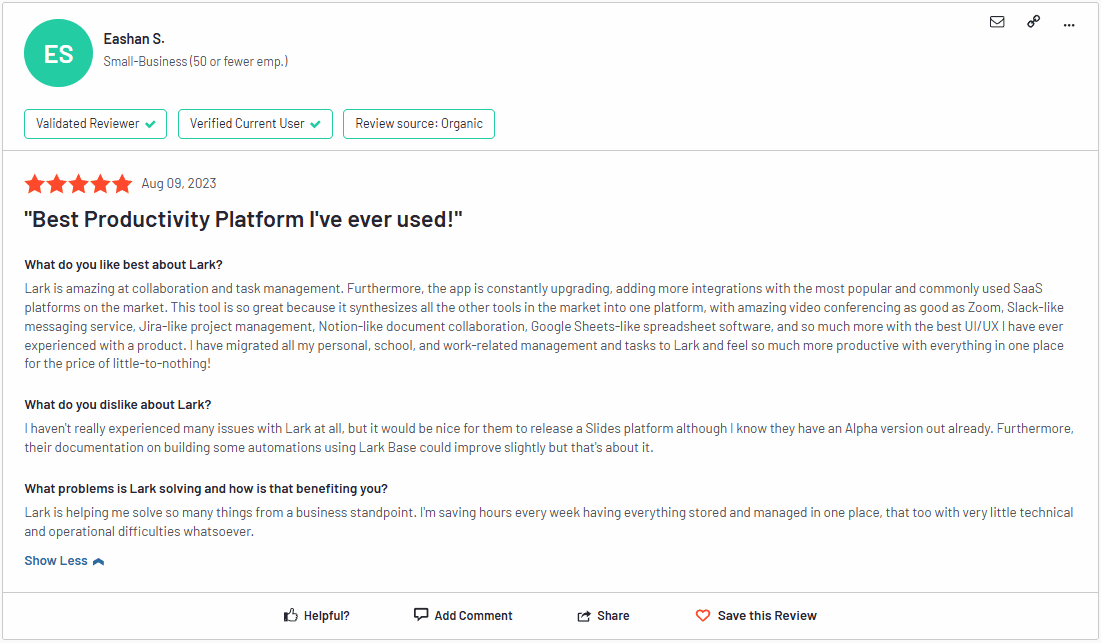 Screenshot of Lark user review on G2